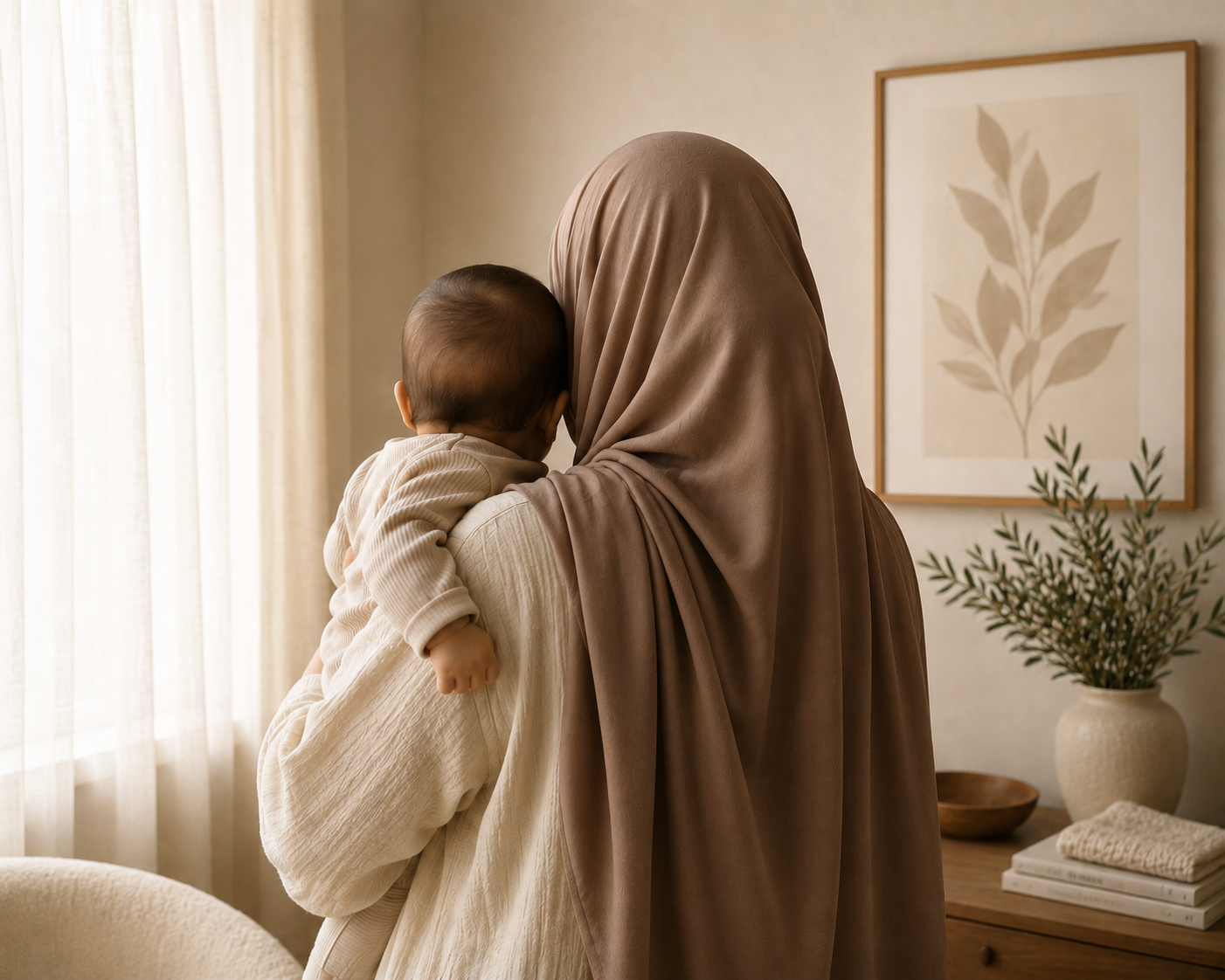 Muslim mother holding her baby in a warm, nurturing home setting
